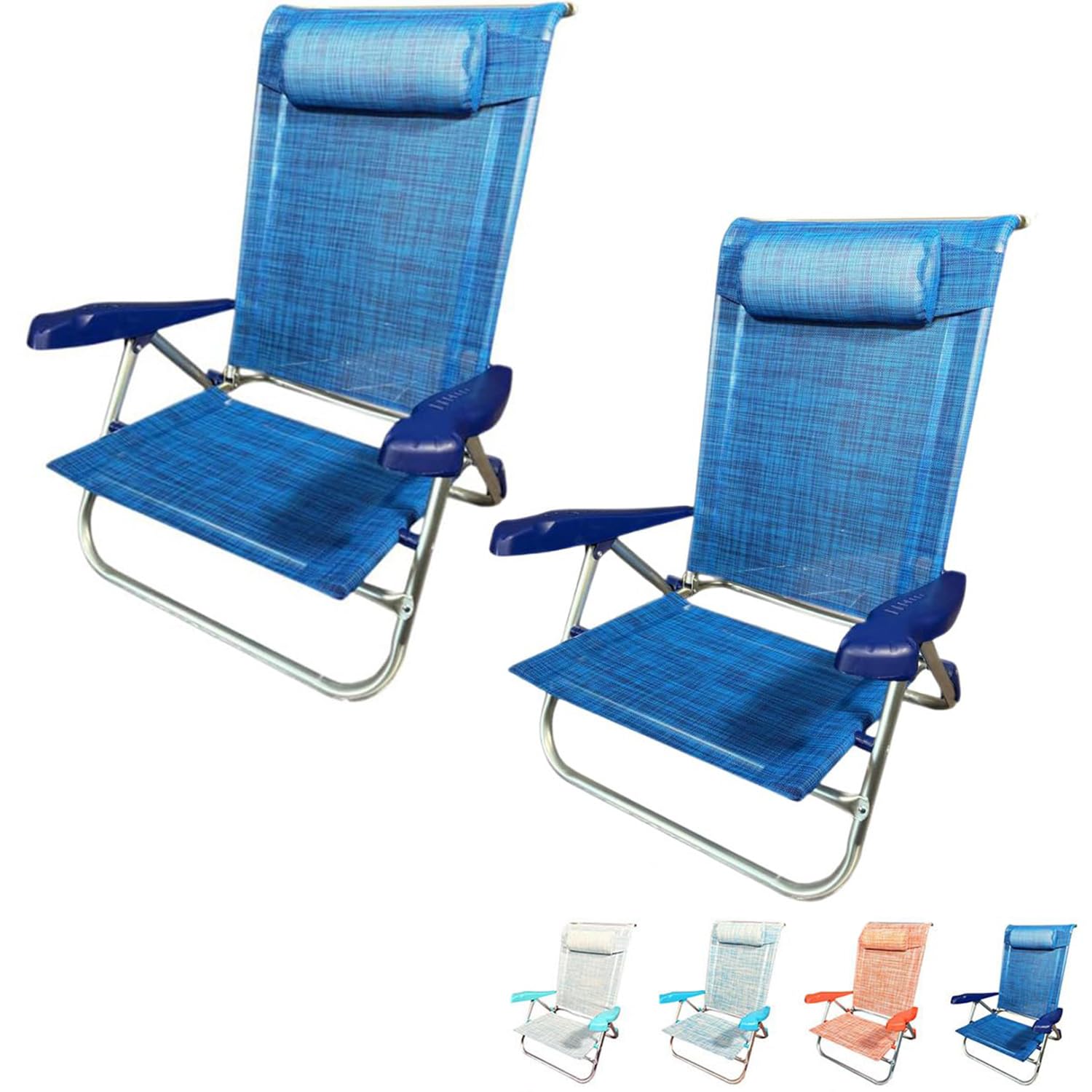 PALUPLUS 2 Spiaggine Pieghevoli con Braccioli, Misura 55x46x80 cm, Struttura Alluminio, Reclinabile in 7 Posizioni, Cuscino Poggiatesta, Sedia per Spiaggia, Piscina, Portata 100Kg -1771F (Blu)