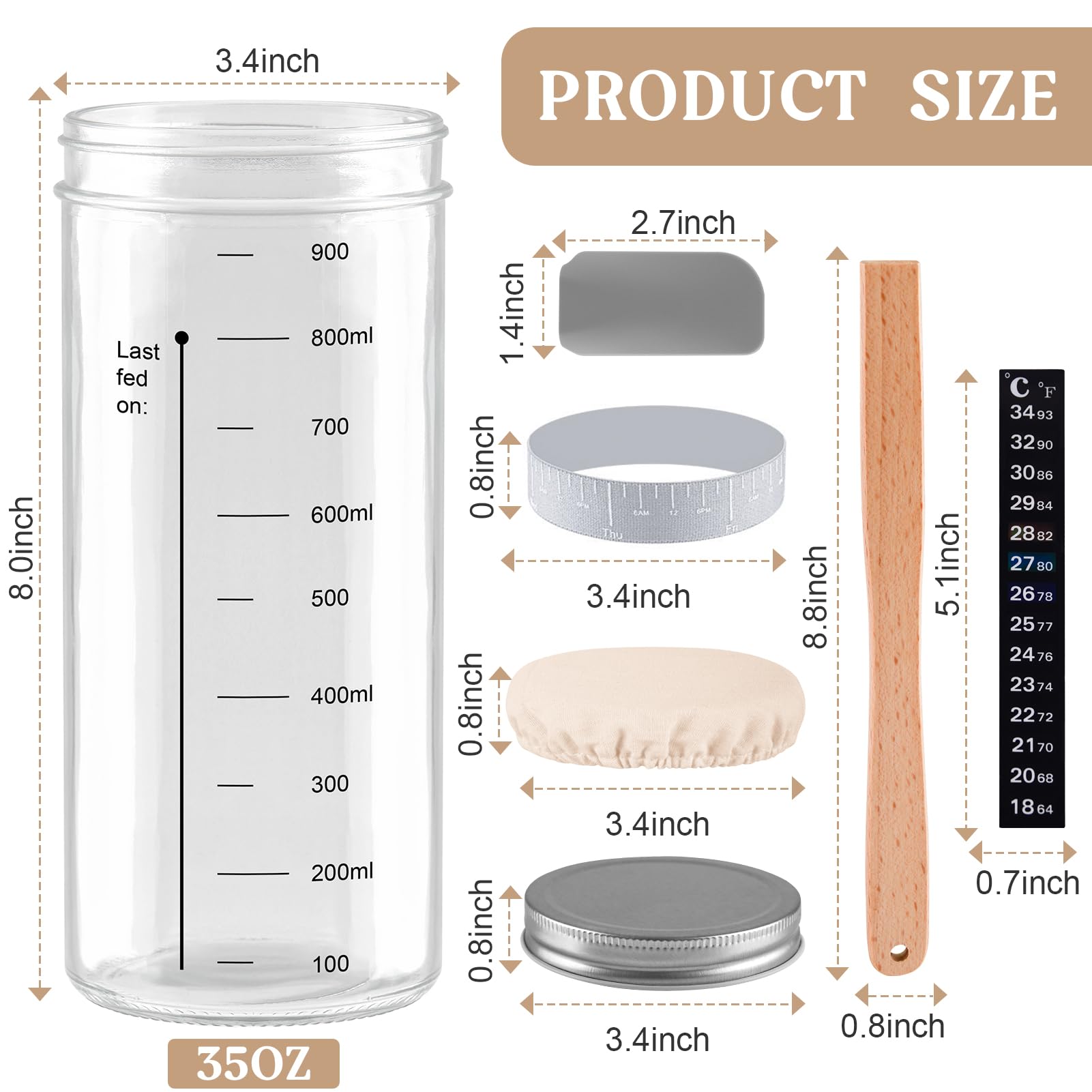 Tyniaide Sourdough Starter Jar, 1000ML Sourdough Starter Kit with Date Marked Feeding Band, Thermometer, Cloth Cover & Metal Lid, Reusable Sourdough Bread Baking Supplies, Home Baking Supplies