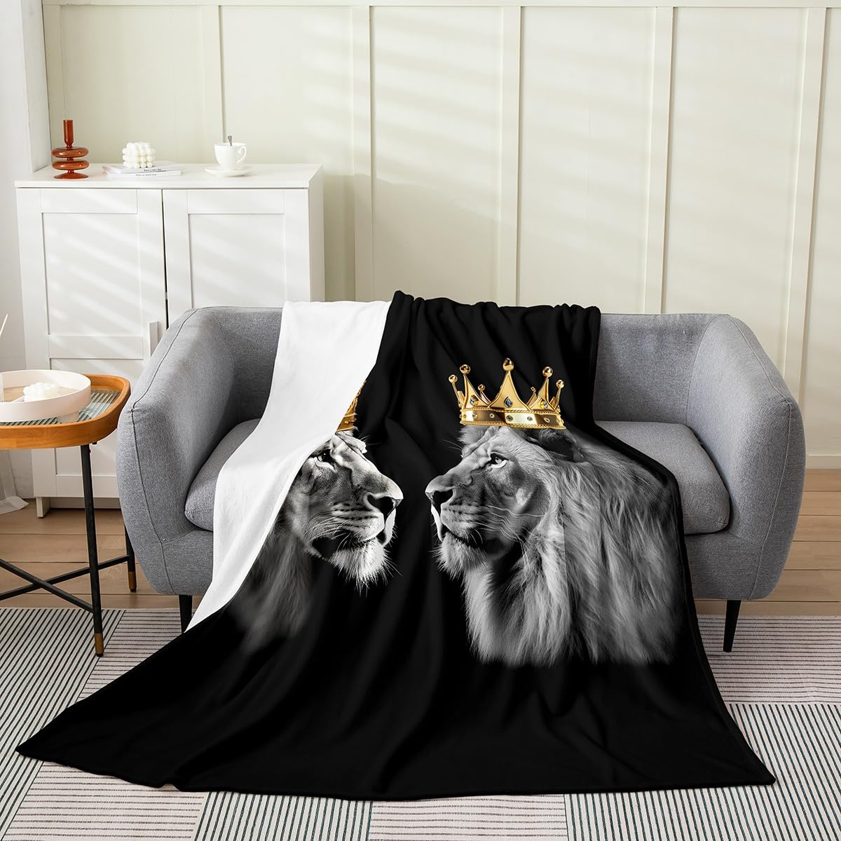 Castle Fairy Wild Lion Couple All Season Bed Blanket,Gold King and Queen Crown Fleece Throw Blanket for Kids Teens Boys Girls,Tropical African Animal Plush Blanket Couch Sofa Decor, Twin 60
