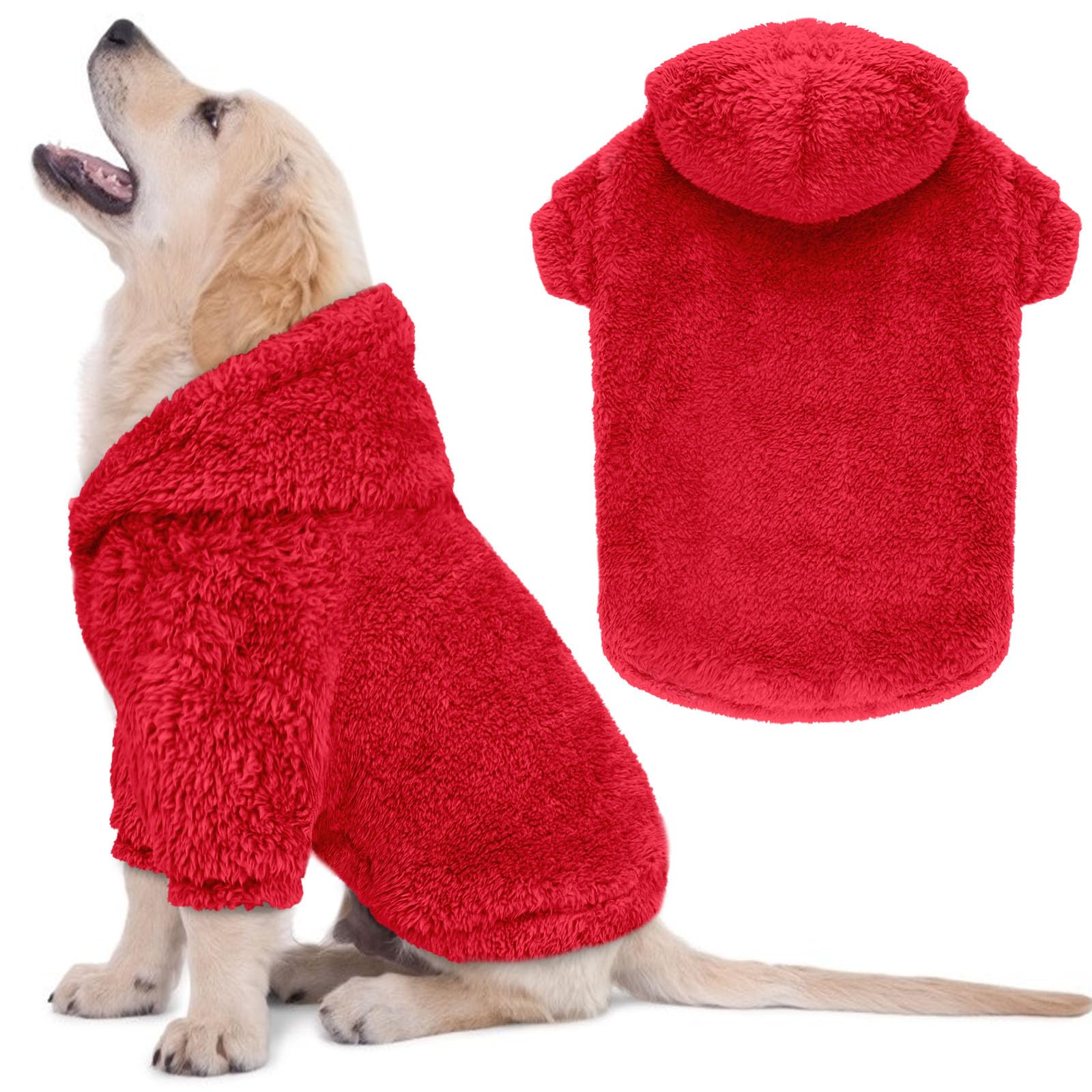 Fuzzy Dog Sweaters for Small Dogs Dog Hoodie Soft Double-Sided Plush Fleece Pet Sweater Clothes Pet Coats Hoodie Sherpa Hooded Sweatshirt(Red-S)