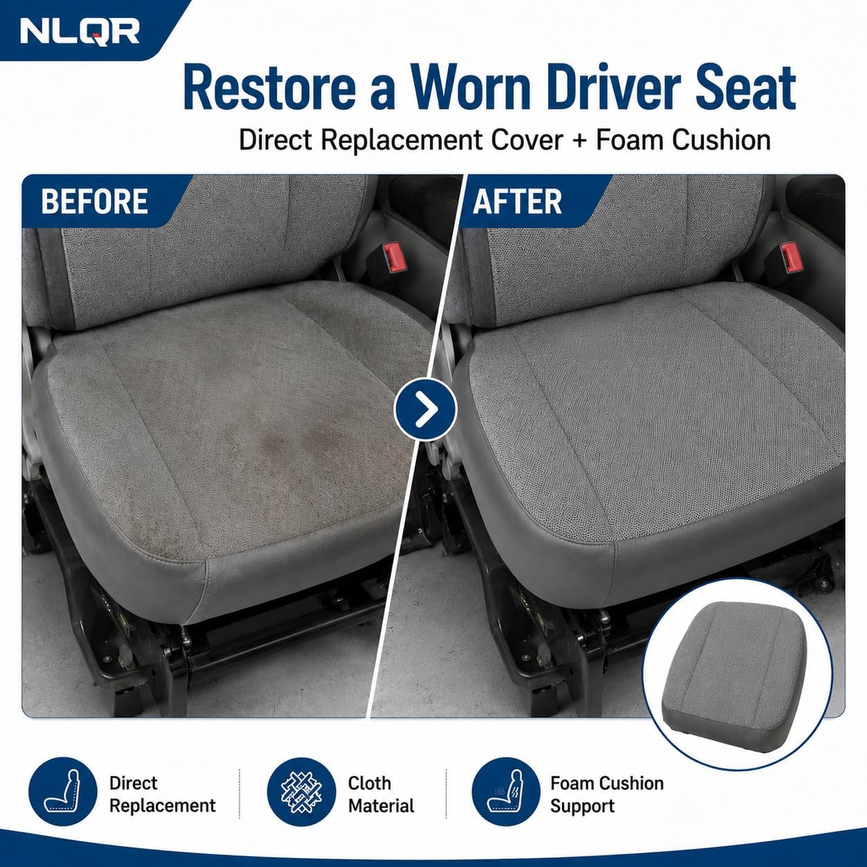 NLQR Gray #93G Front Driver Side Bottom Replacement Cloth Seat Cover+Foam Cushion Custom Fit for Chevy Express GMC Savana 1500 2500 3500 Van 2003 2004 2005 2006 2007 2008 2009 2010 2011 2012 2013 2014