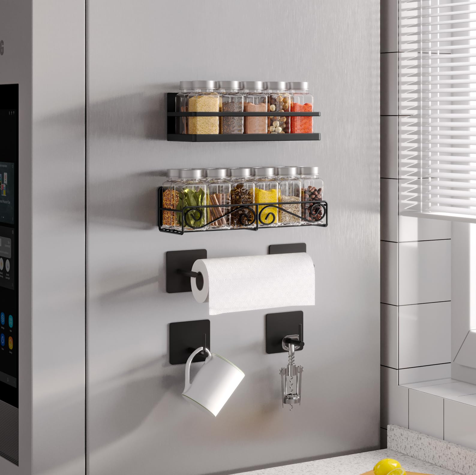 Estante magnético para especias para refrigerador, paquete de 4 estantes magnéticos fuertes para especias, tarros, botellas, ahorro de espacio perfecto para cocina pequeña/apartamento (negro,