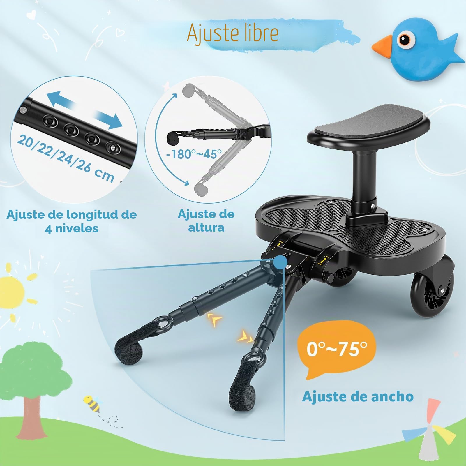 Patin Carro Bebe Universal con Asiento,Buggy Board portátil para niños,Diseño estable de dos ruedas,con correa de suspensión, Accesorio para cochecito para niños de 2 a 6 años (25 kg)