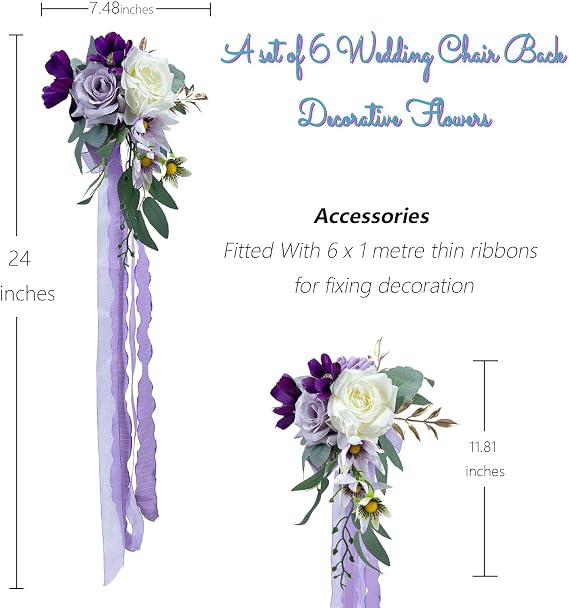 CherishedMoments 6 Wedding Aisle Decorations,Purple Pew Flower Chair Ribbon | Pew Flower Arrangement|Artificial Flowers Eucalyptus|Wedding Ceremony Party |Church Decor|Reception Chair Back