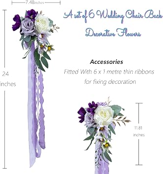 CherishedMoments 6 Wedding Aisle Decorations,Purple Pew Flower Chair Ribbon | Pew Flower Arrangement|Artificial Flowers Eucalyptus|Wedding Ceremony Party |Church Decor|Reception Chair Back