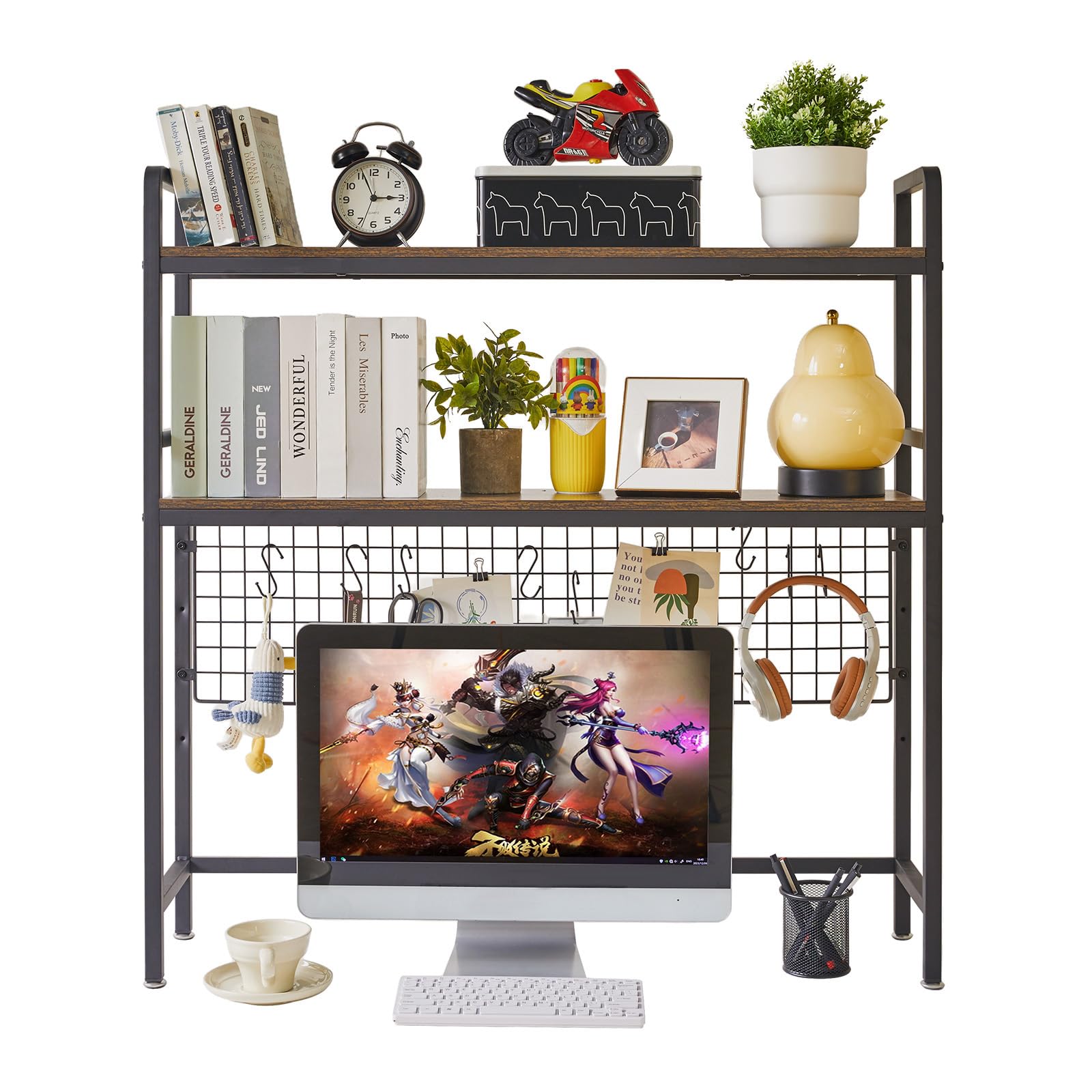 IBUYKE Bücherregal Schreibtisch Aufsatzregal Schreibtisch Regal Organizer für Wohnheim Hause 2 Tier Büro Computer Schreibtisch Zubehör Organizer Lagerregal Multifunktionales Regal TMZ003H