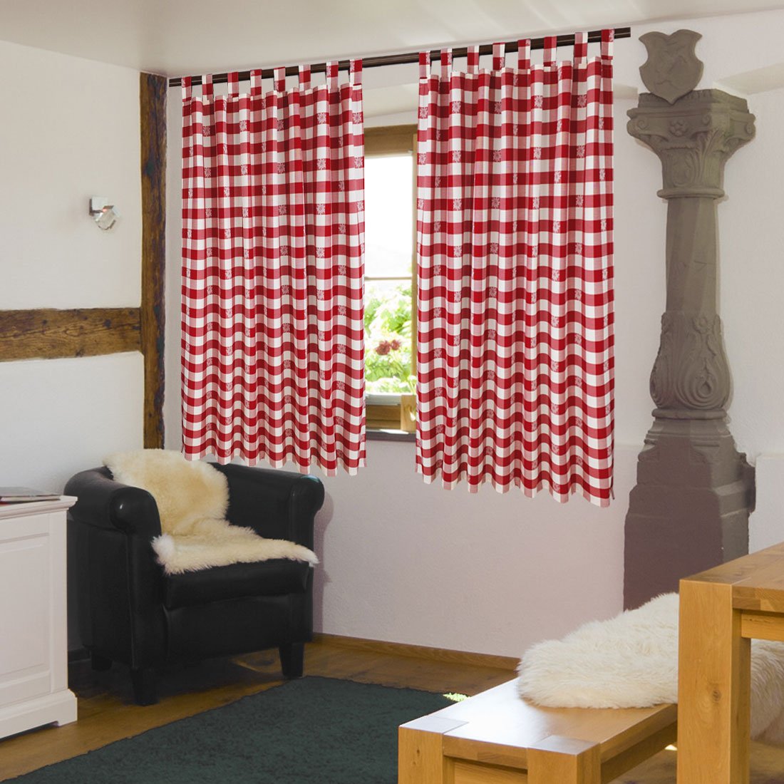 Schlaufen-Dekoschal Karo mit Edelweiß Rot | Landhaus-Vorhang rot-weiß kariert 8 Schlaufen hochwertige Webware | Übergardine für Küche, Esszimmer, Gästewohnung, Kaminzimmer Höhe x Breite 145 x 130 cm