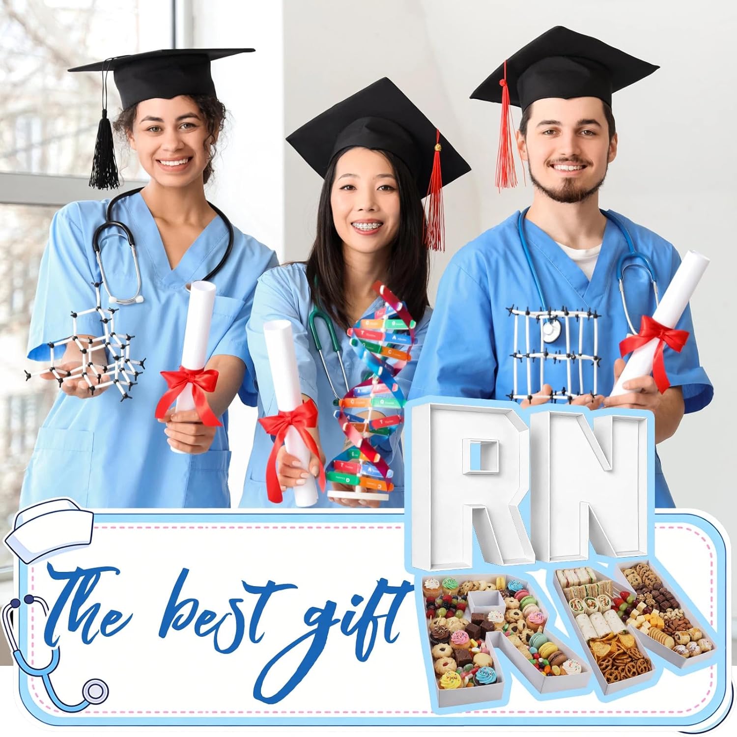 2 Pcs RN Grad Party Decorations Nurse Letter Fillable Tray 10'' Nursing Graduation Party Decor Registered Nurse Cardboard Tray for Food Candy Cake Dessert Class of 2026 Congrats Grad