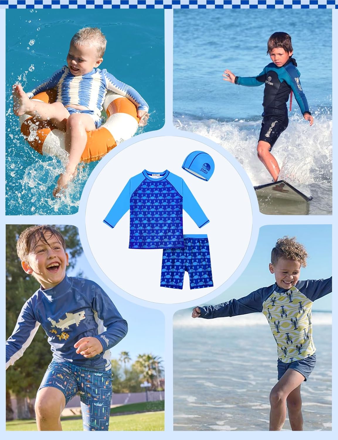 weVSwe Boys Swim Set UPF50+ UV Protection 3 Piece Kid Long Sleeve Rash Guard Swim Shirt & Trunks with Swimming Cap 2-12 Years - Image 2