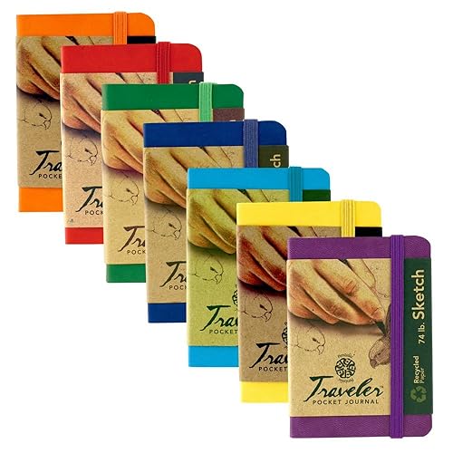 Pentalic Traveler - Diario de bolsillo reciclado, 74 libras, 4 x 3 pulgadas, paquete de 7, colores arcoíris (KIT-07452-RAINBOW)
