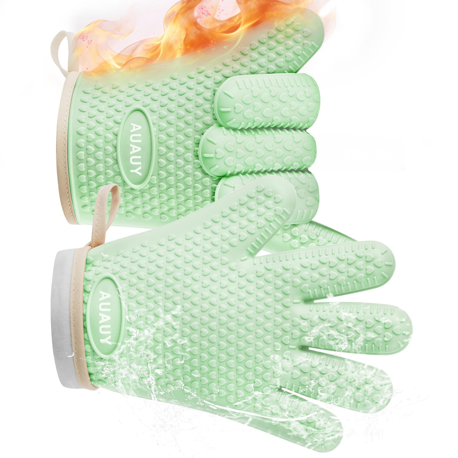 AUAUY 1 Pair Silicone Oven Gloves, Silicone & Cotton Double Layer Heat Resistant 446°F BBQ Gloves with Fingers, Non-Slip Kitchen Cooking Oven Gloves for Grilling Kitchen Baking Oven Microwave, Green