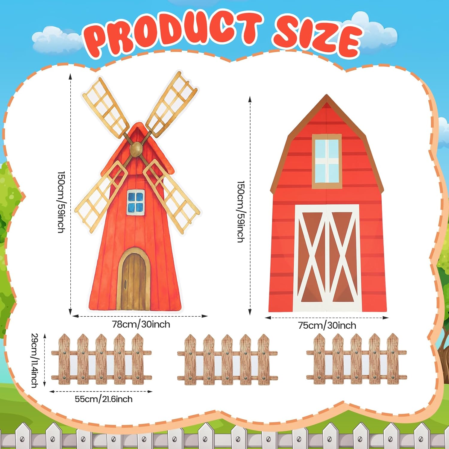 Honoson Large Farm Cardboard Cutouts Sets, Red Farm Party Decoration Farmhouse Backdrop Stand, Yard Signs for Baby Shower Birthday Rustic Party Supplies Photo Props(Barn Windmill)