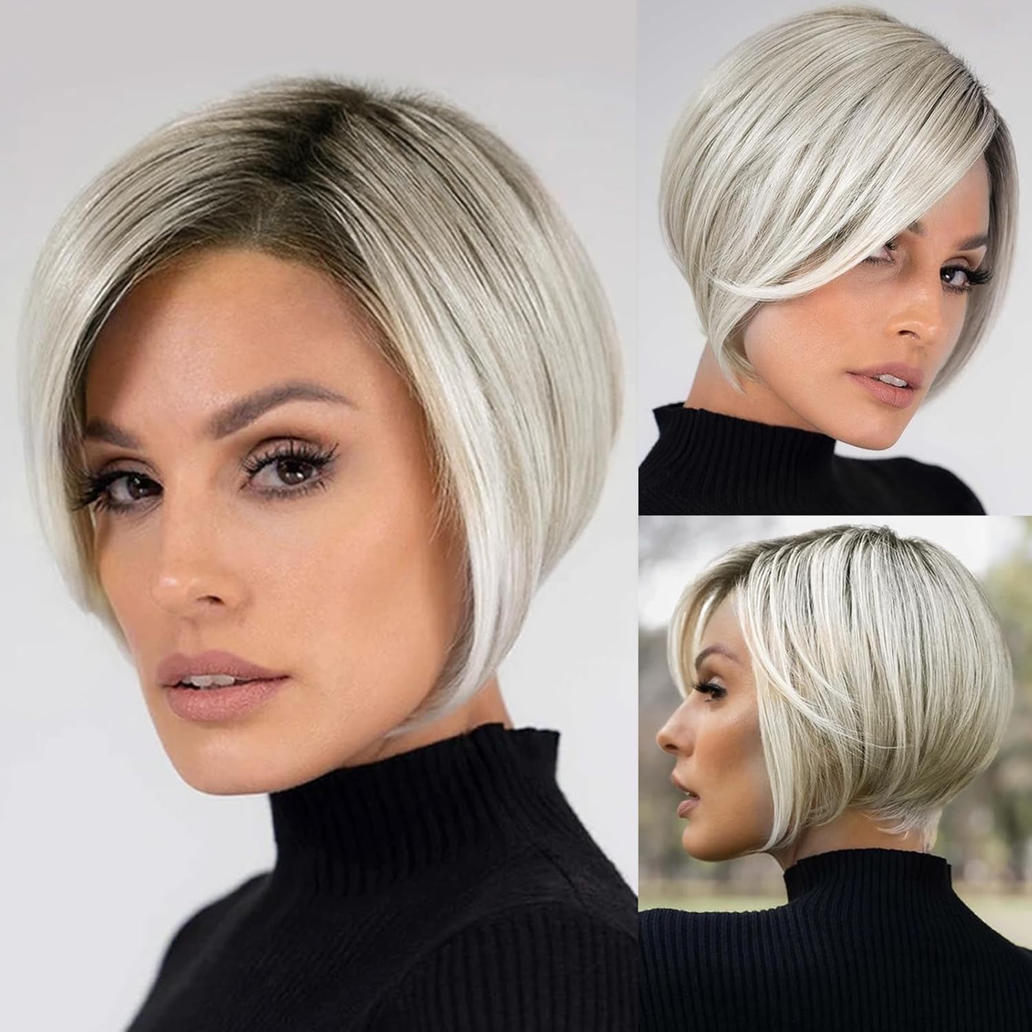 LEOSA Short Light Blonde Bob Wig Bob Straight Layered Cut Wigs Omber Blonde Bob Layered Cut Wigs for Women Hair Glueless Soft Synthetic Hair Wigs (Higlight Blonde)