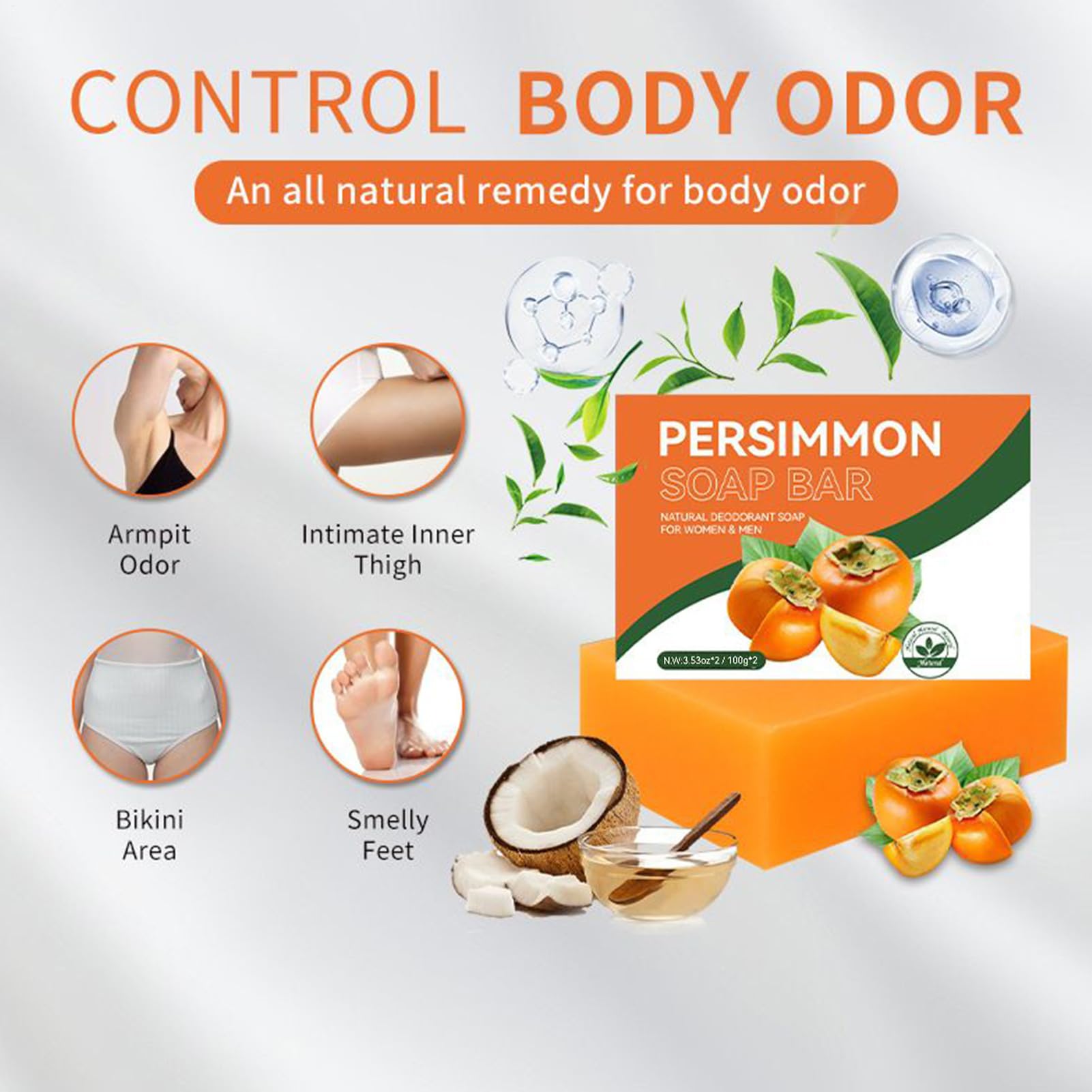 Naturalne mydło persimmon 2 x 100 g, rozjaśniające skórę mydło do mycia ciała z naturalnym neutralizującym zapachy, dla kobiet i mężczyzn, delikatne czyszczenie
