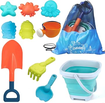 HaiLeTao Beach Toys Set for Kids -Collapsible Sand Bucket&Mesh Beach Bag and Shovels Sand Rake Toy 11Pcs Set, Animal & Dinosaur Molds,Fork,Rake&Watering Can for Toddlers Ages 3+