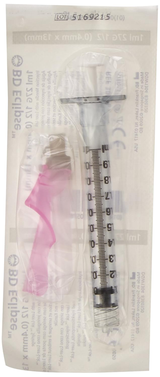 BD Eclipse Needle, 27 G x 1/2 in", with detachable 1 mL BD Luer-Lok Syringe, #305789, (50 Count)