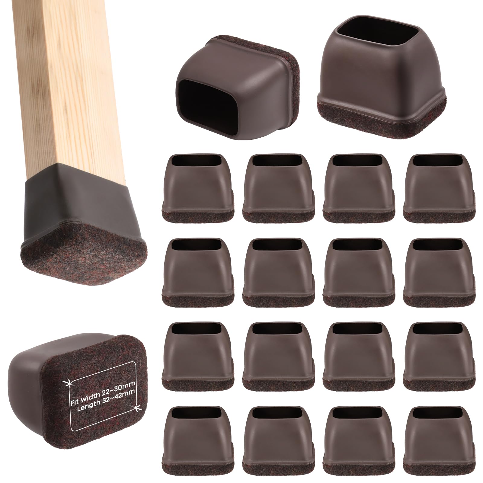 Xisair 16PCS Silicone Chair Leg Protectors, Anti-Slip, Wooden Floor Chair Leg Protector for Tiled Floor Brown - Rectangle