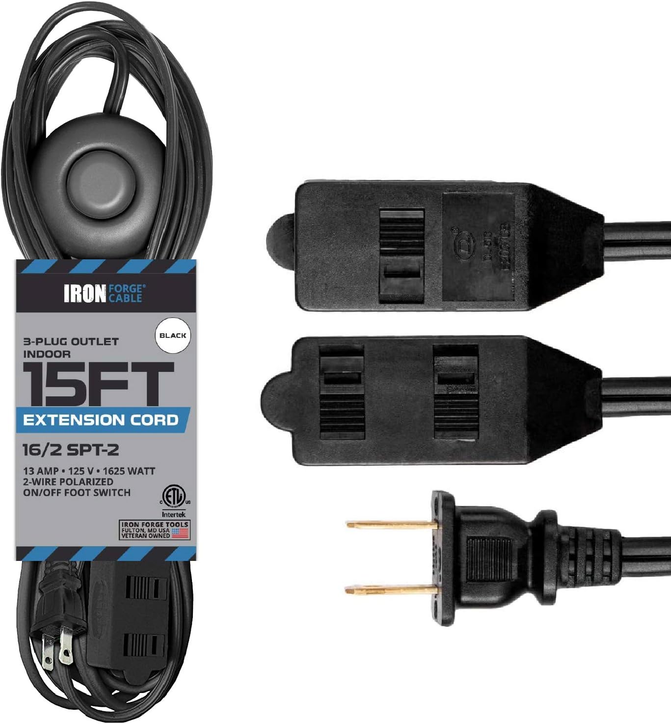 Iron Forge Cable 16 Gauge 3 Outlet Outdoor Extension Cord 25 ft & 15 ft Flat Cable Indoor Extension Cord with Foot Switch 3 Outlet, 16/2 Black 2 Prong, 13 Amp UL Certified