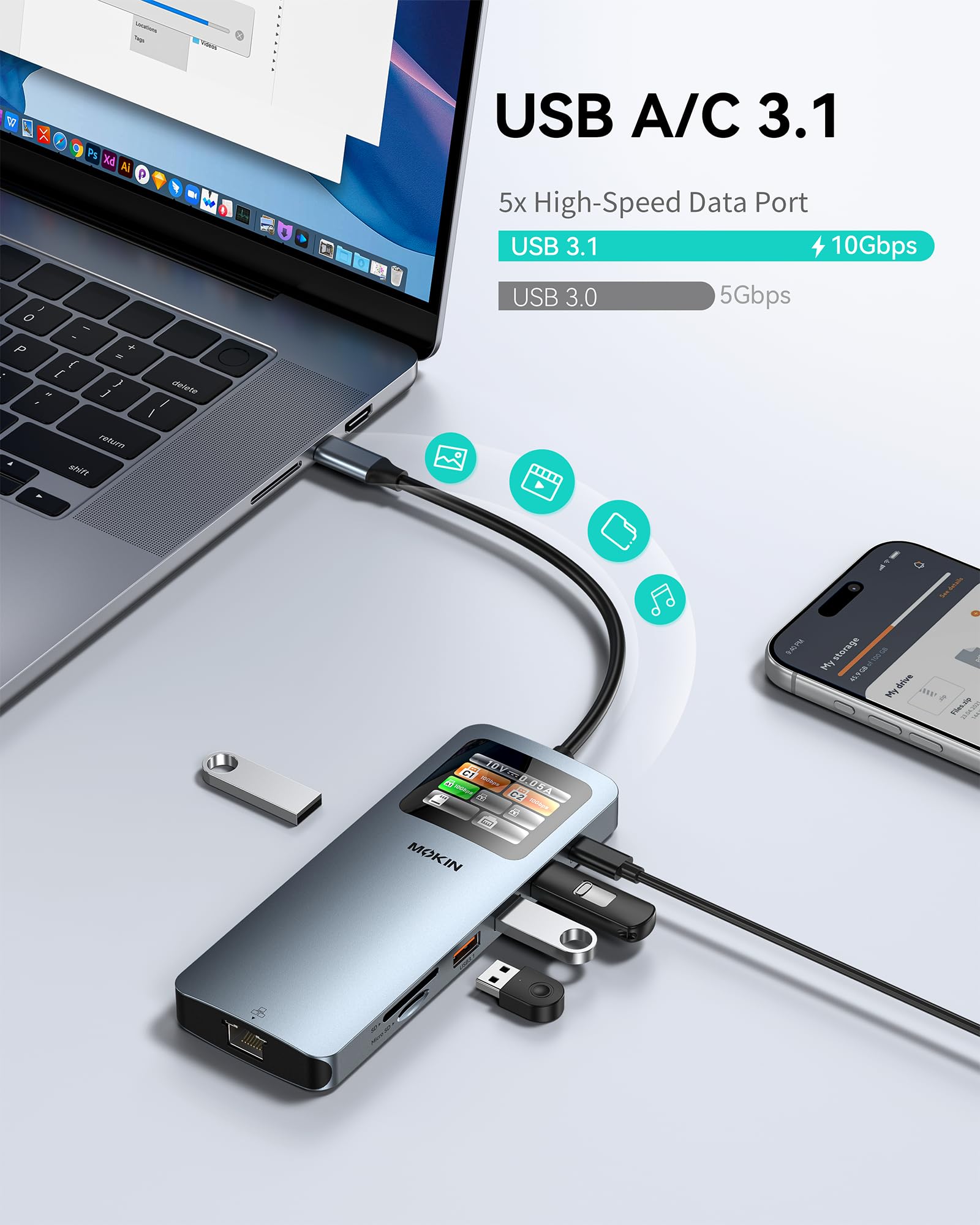 MOKiN Estación de acoplamiento LED, estación de acoplamiento 12 en 1 para laptop, monitor dual 8K a 30 Hz, estación de acoplamiento USB C con 2 HDMI, PD 100 W, LAN de 2500 Mbps, 5 puertos USB de 10