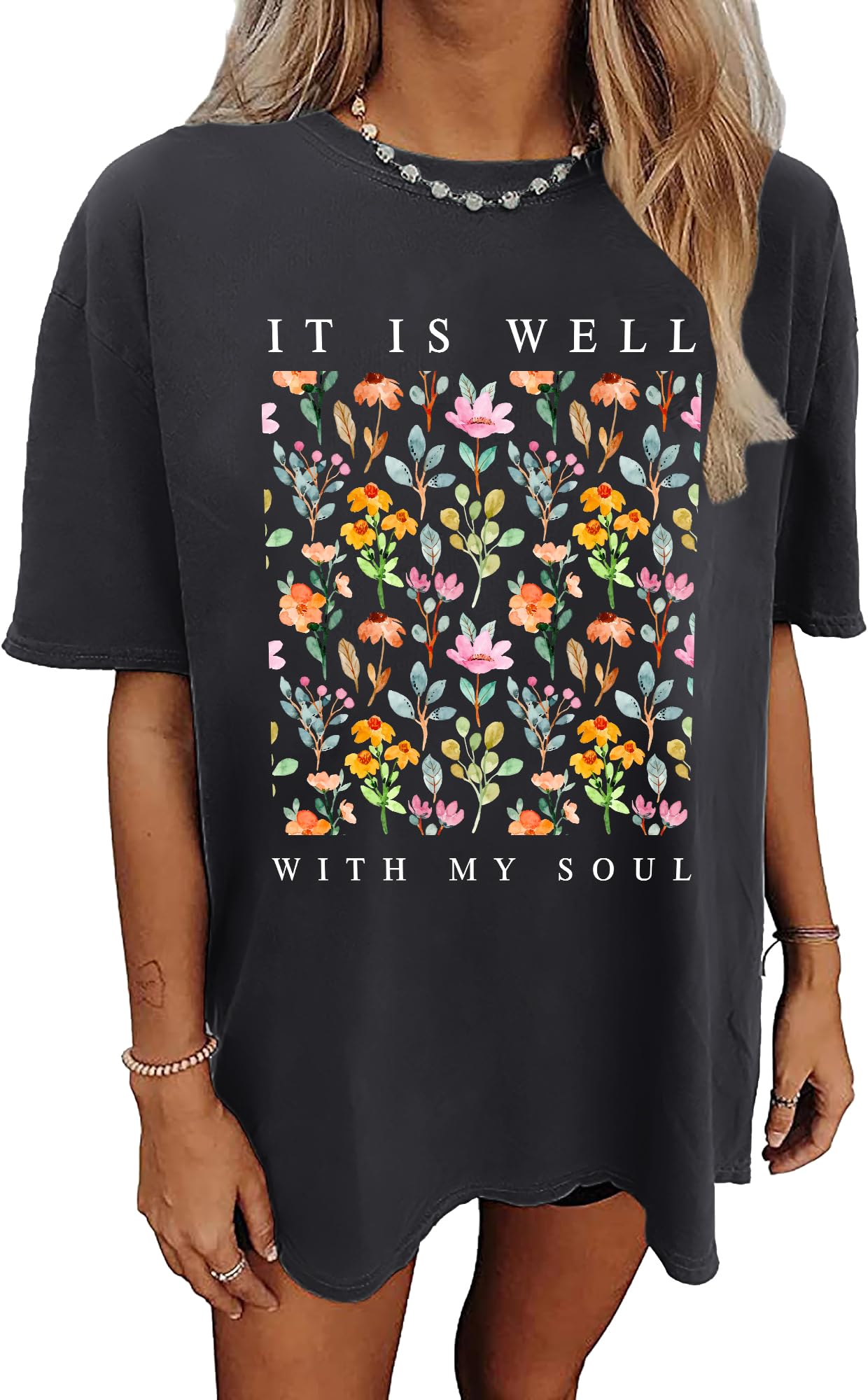 LAZYCHILD Christian Shirts for Women: Vintage Oversized Faith T-Shirt Bible Verse Graphic Tees Floral Religious Tops