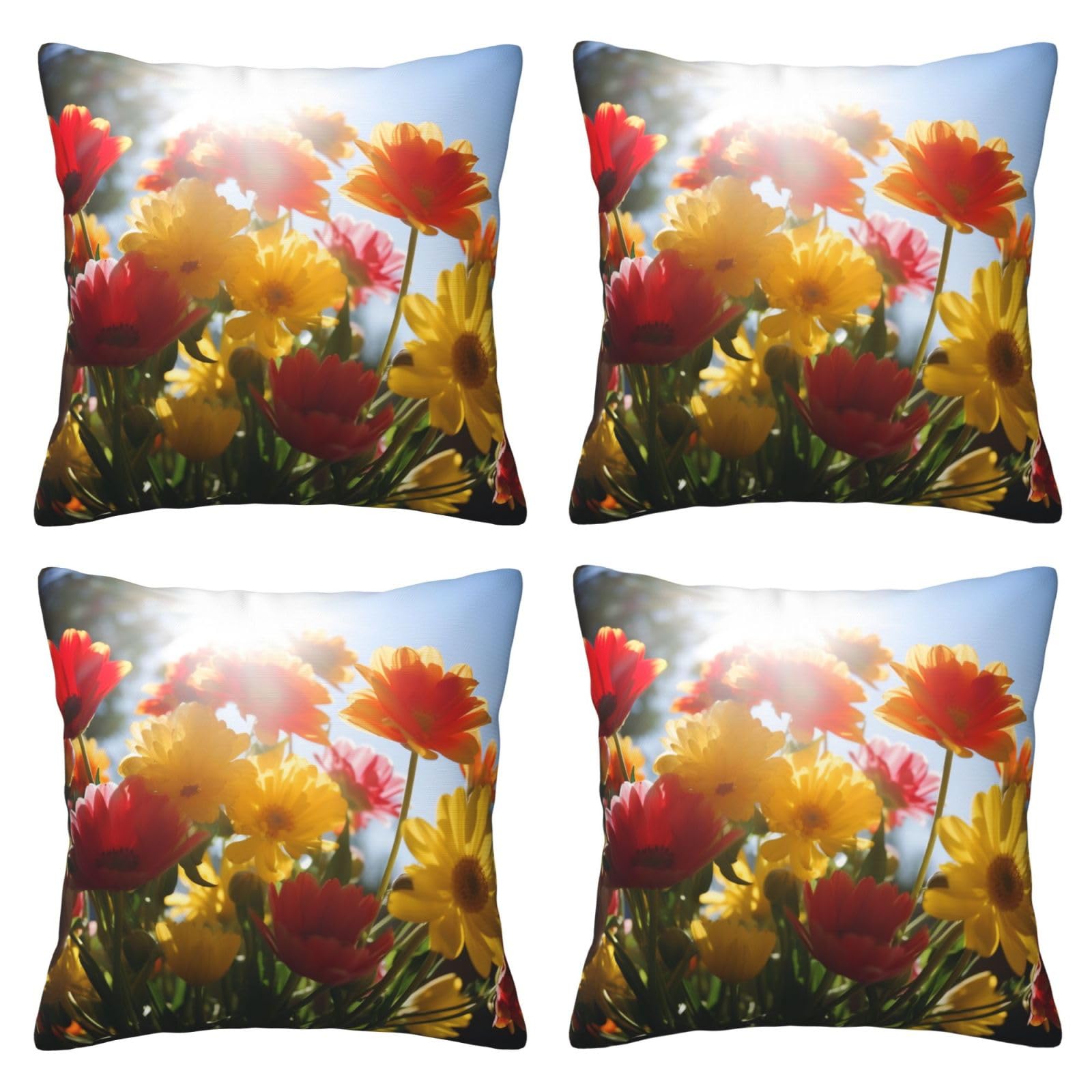 Flowers in Sunshine Throw Pillow Cases 4 Pack Square Pillowcases Super Soft Pillow Protectors With Zipper for Couch Livingroom Sofa Bed Office Car,30x30 CM