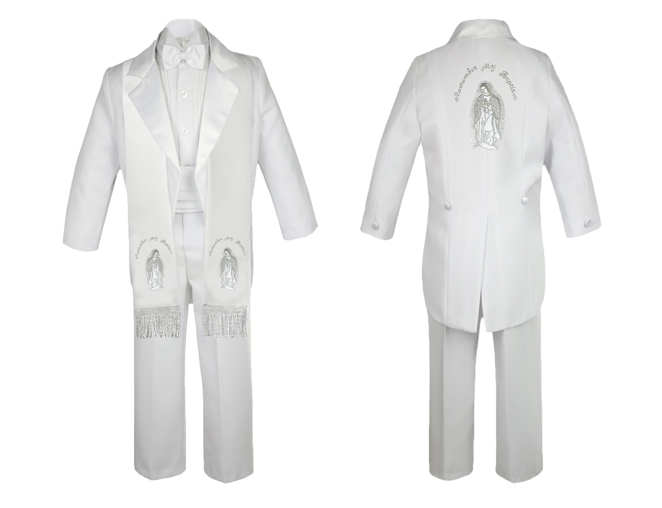 Unotux Baby Boy Christening Baptism Church White Tail Suit Mary Maria Stole & Back Sm-7 (Large (12-18 Months), Silver English)