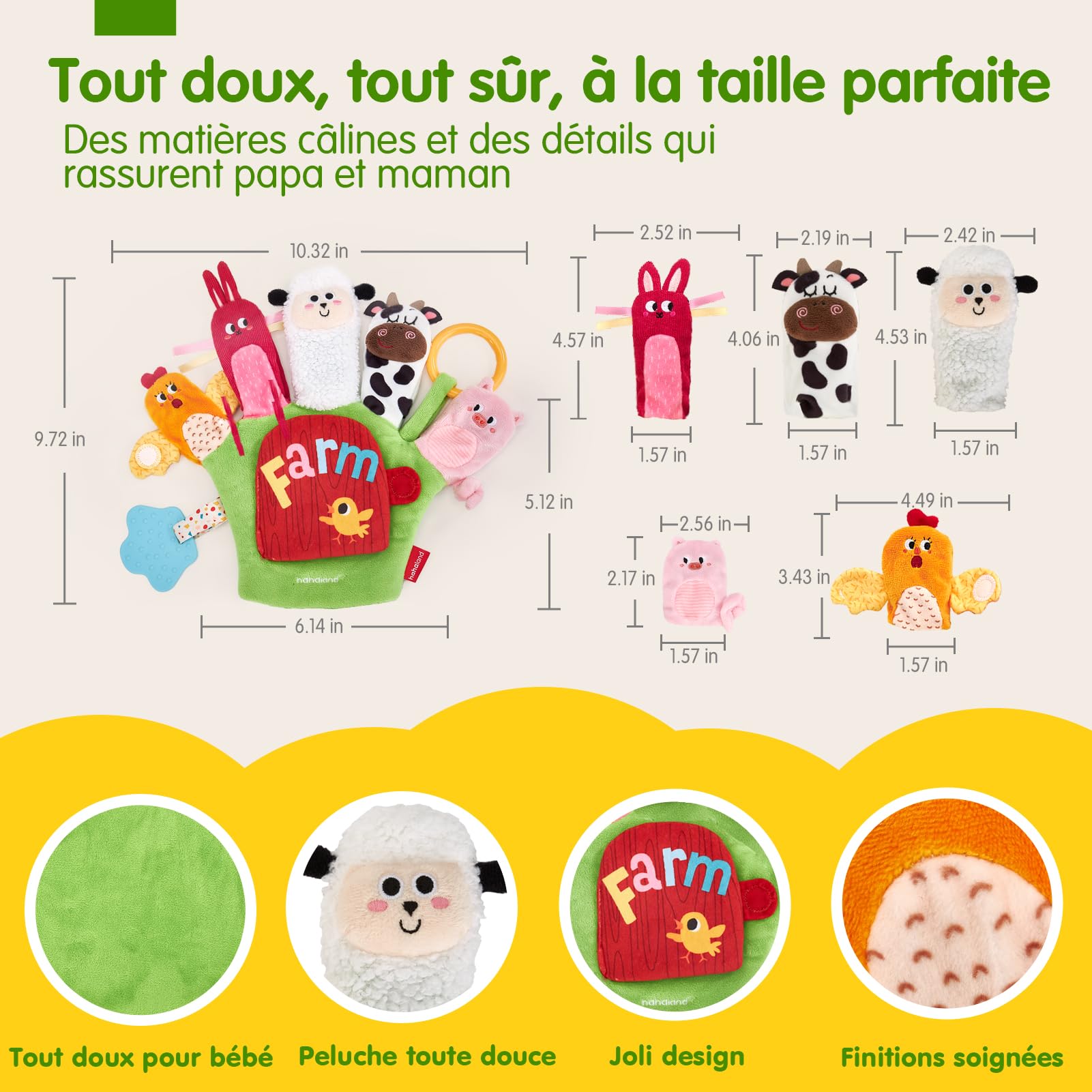 hahaland Jouet Bébé 6-12 Mois – Marionnettes Animaux de Ferme avec Anneau de Dentition & Papier Froissé, Jouet Sensoriel Montessori pour Bebe Fille Garçon 6 9 12 Mois