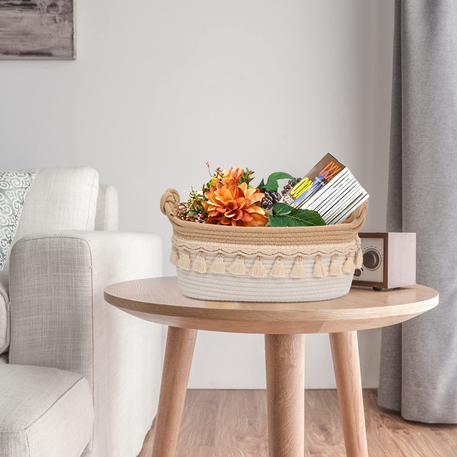 Kleine gewebte Körbe zur Aufbewahrung, 35,6 x 14 x 15,2 cm, Toilettenpapier-Aufbewahrungskörbe zum Organisieren mit Knoten, Griffen, dekorativer leerer Geschenkkorb für Boho-Badezimmer, Dekoration