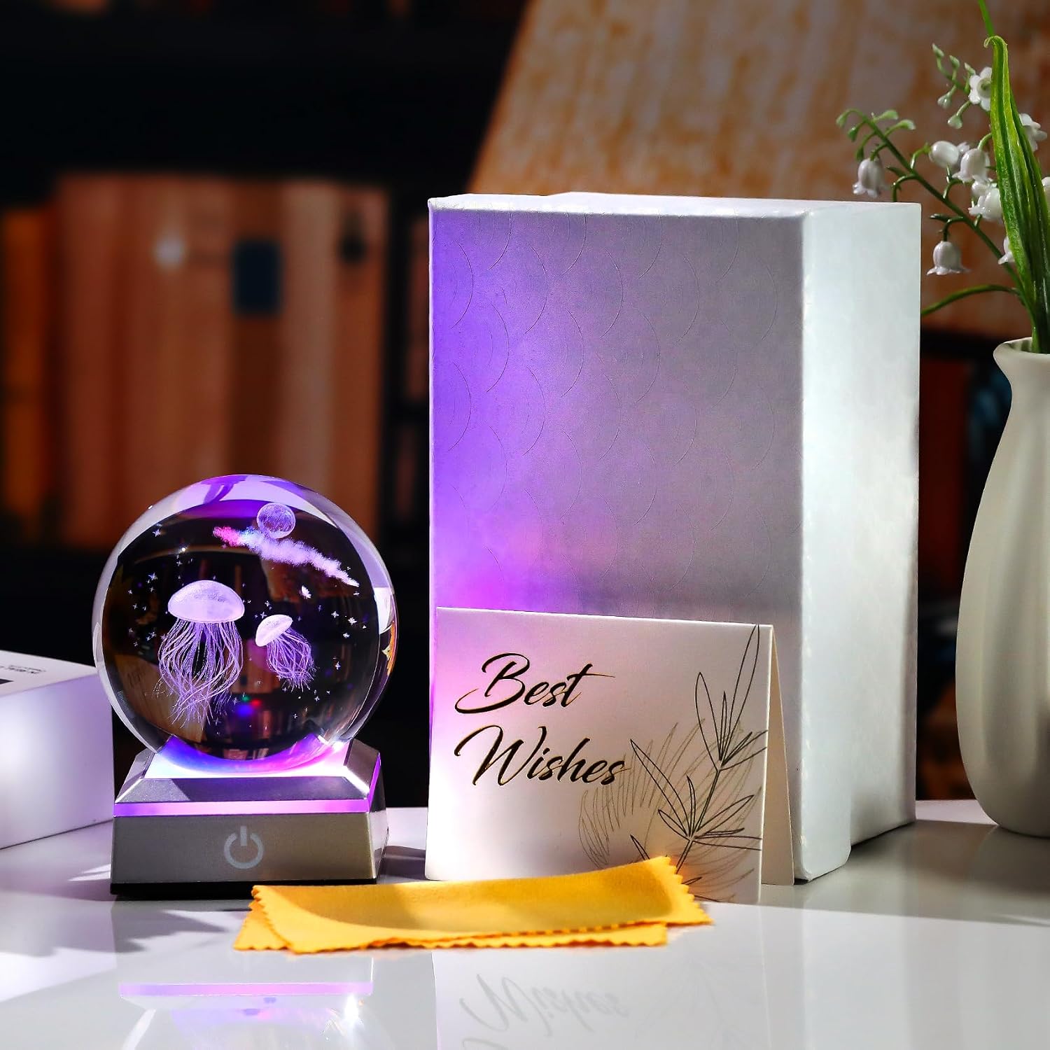 3D Engraved Jellyfish Crystal Ball 3.15‘’ with LED Light Colorful Base - Jellyfish with Star Moon Glass Sphere Lamp Gifts for Women Home Decor