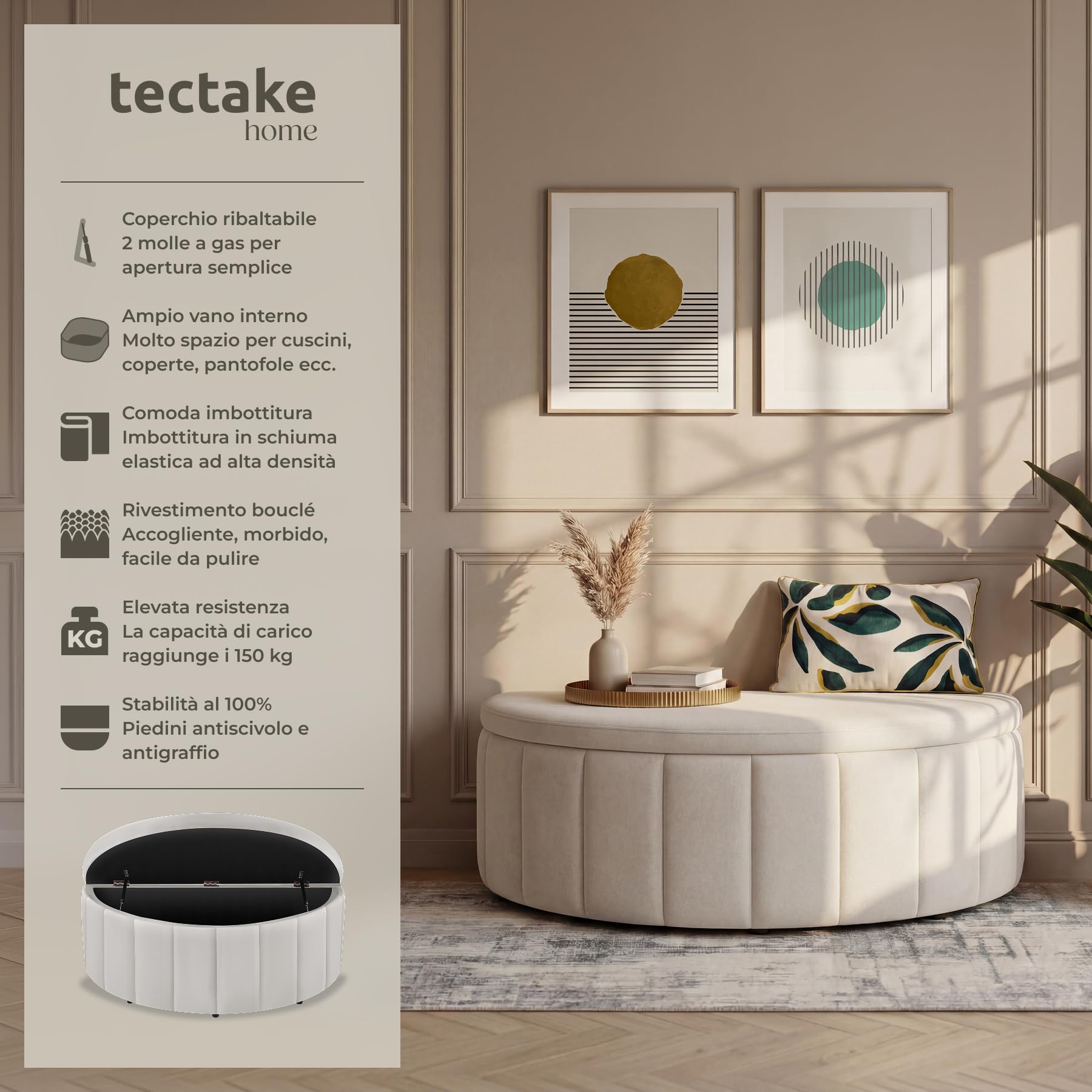tectake® Panca Contenitore 108x48x40 cm, Pouf Contenitore con Vano Portaoggetti, Cassapanca con Seduta Comoda e Imbottita, Design Compatto per Ingresso, Salotto o Camera da letto - Velluto tortora