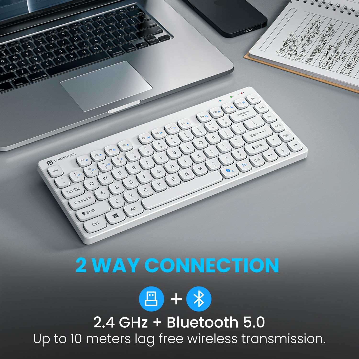 Portronics Bubble Multimedia Wireless Keyboard 2.4 GHz & Bluetooth 5.0 Connectivity, Noiseless Experience, Compact Size for iOS iPad Air, Pro, Mini, Android, Windows Tablets PC Smartphone(White) — Amazon image 2