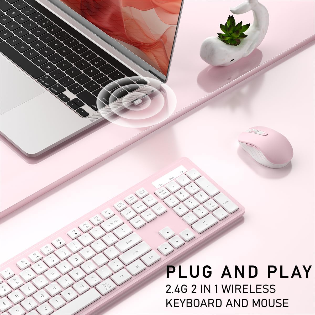 Wireless Keyboard and Mouse, 2.4GHz Cordless Keyboard Mouse Combo, Optical Mouse, Plug and Play USB Receiver, Compatible with Windows, Mac, Laptop, and PC（White Pink）