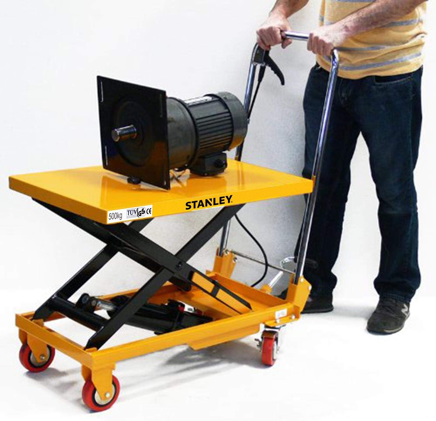 Stanley X500 Hydraulic Mobile Table Lifter, Scissor Lift Trolley With Lockable Rear Casters, And Proportional Lowering, Height(340-900 Mm), 500 Kg Capacity, Yellow Colour