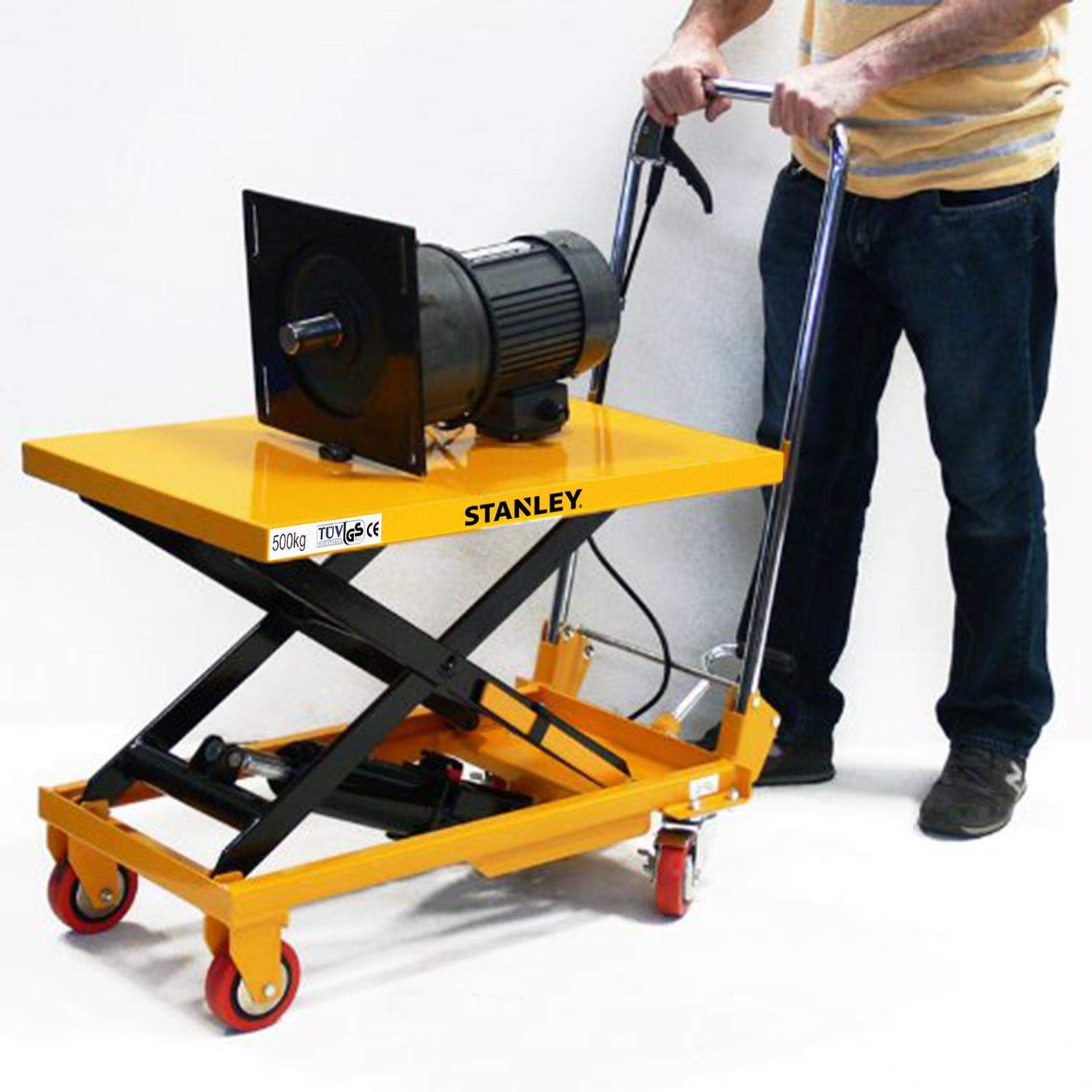 Stanley X500 Hydraulic Mobile Table Lifter, Scissor Lift Trolley With Lockable Rear Casters, And Proportional Lowering, Height(340-900 Mm), 500 Kg Capacity, Yellow Colour