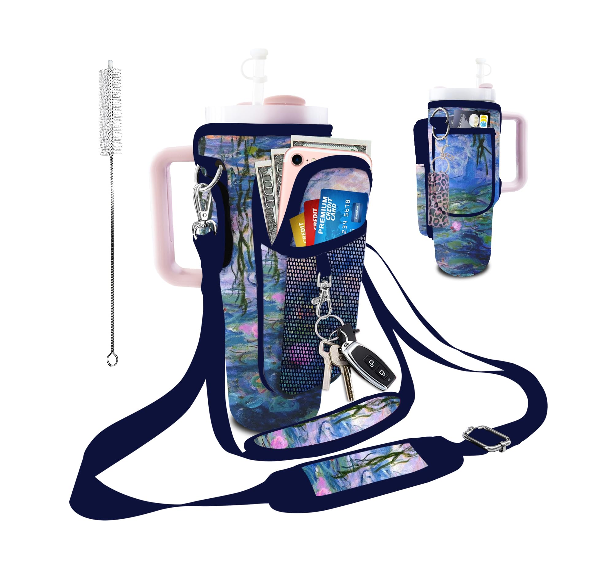 bolimoss Stanley Cup Bag Fits 40 oz Tumbler, Neoprene Water Bottle Pouch with Phone Pocket, Stanley Cup Accessories with 2 Adjustable Straps & 3 Pockets for Hiking-Water Lilies Monet Painting โ image 1
