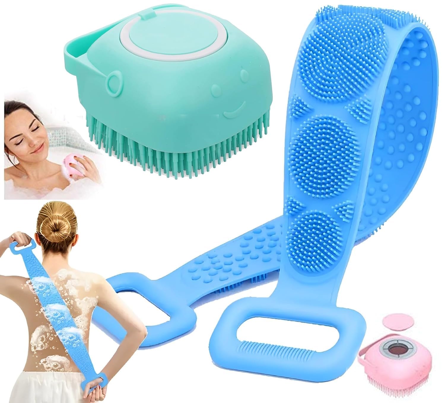 LIMTAS 2pcs Combo of 2-in-1 Silicone Body Massage Bath Brush with Soap Dispenser and Silicon Body Back Scrubber & Massager for Deep Cleaning, Exfoliating& Massaging Hair Scalp & Body(Multicolor)-image-27
