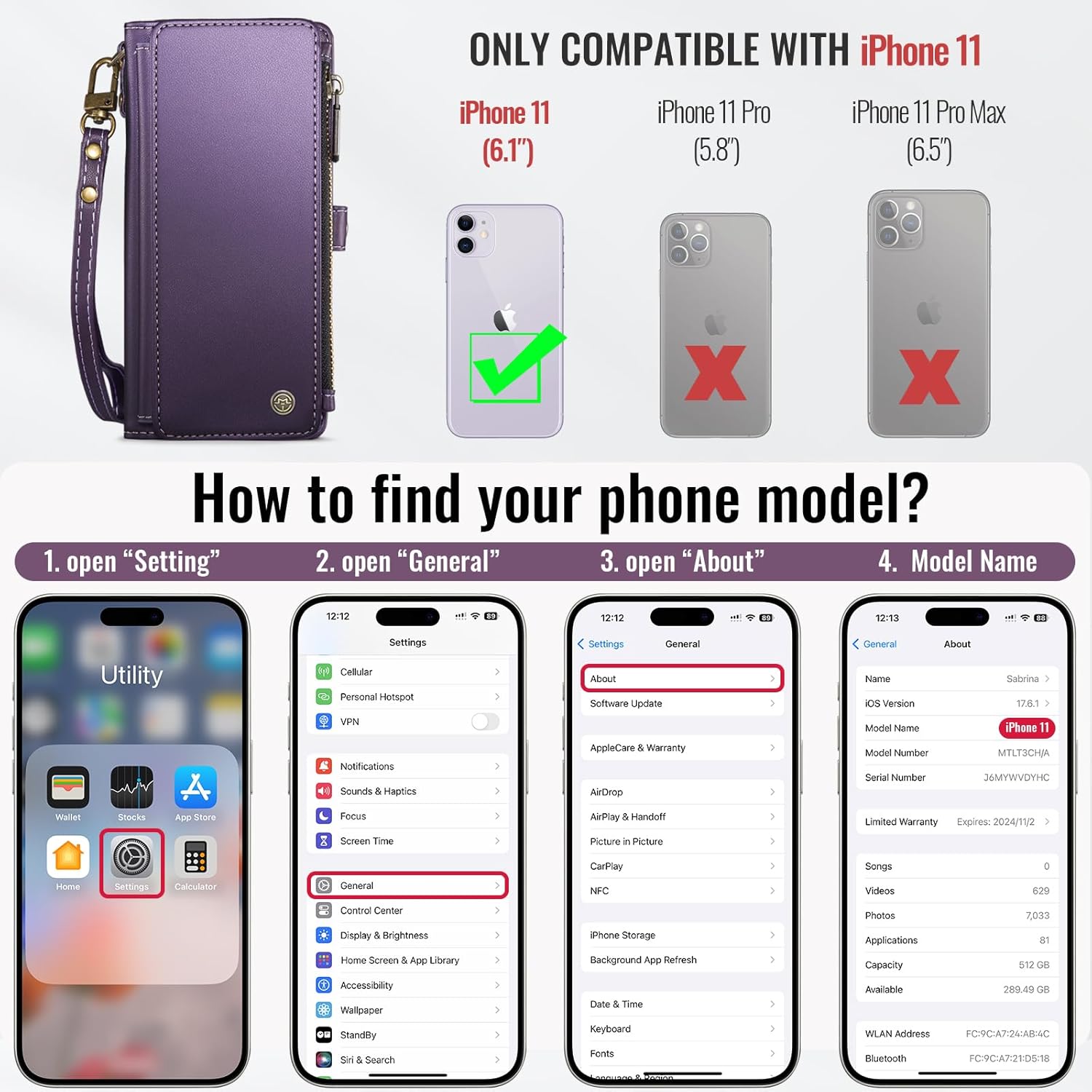 Defencase Compatible with iPhone 11 Case Wallet with RFID Blocking Card Holder for Women and Men, Fashion PU Leather Magnetic Snap Flip Zipper Strap Wallet Phone Case Fit for iPhone 11 6.1", Purple - Image 6