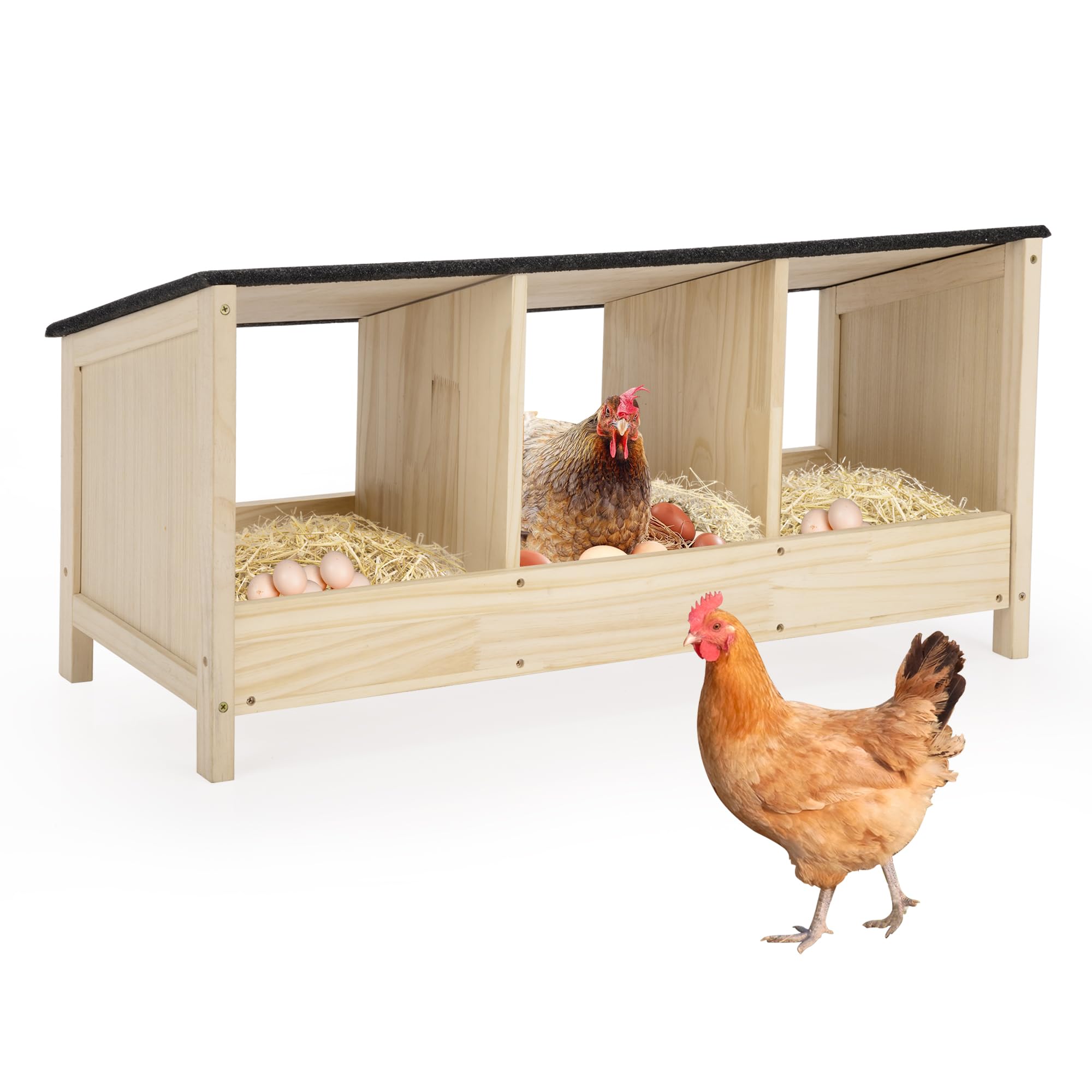 3 Compartment Wooden Chicken Nesting Boxes,Chicken Laying Boxes for Chicken Coop with Asphalt Roof,Weather Proof Nesting Boxes for Hen,Duck,Poultry,