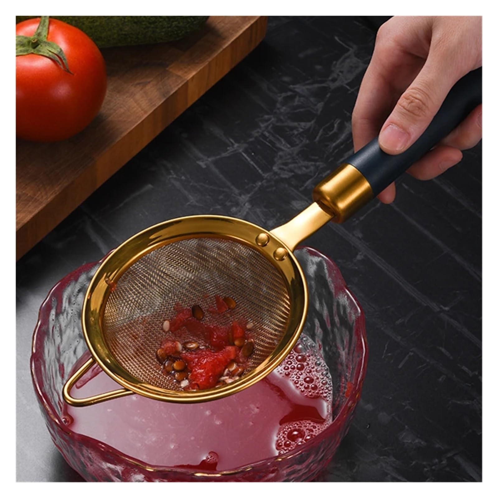 colador acero inoxidable Colador de malla fina acero inoxidable 304 con mango dorado y verde, cuchara colador, utensilios cocina(18cm)