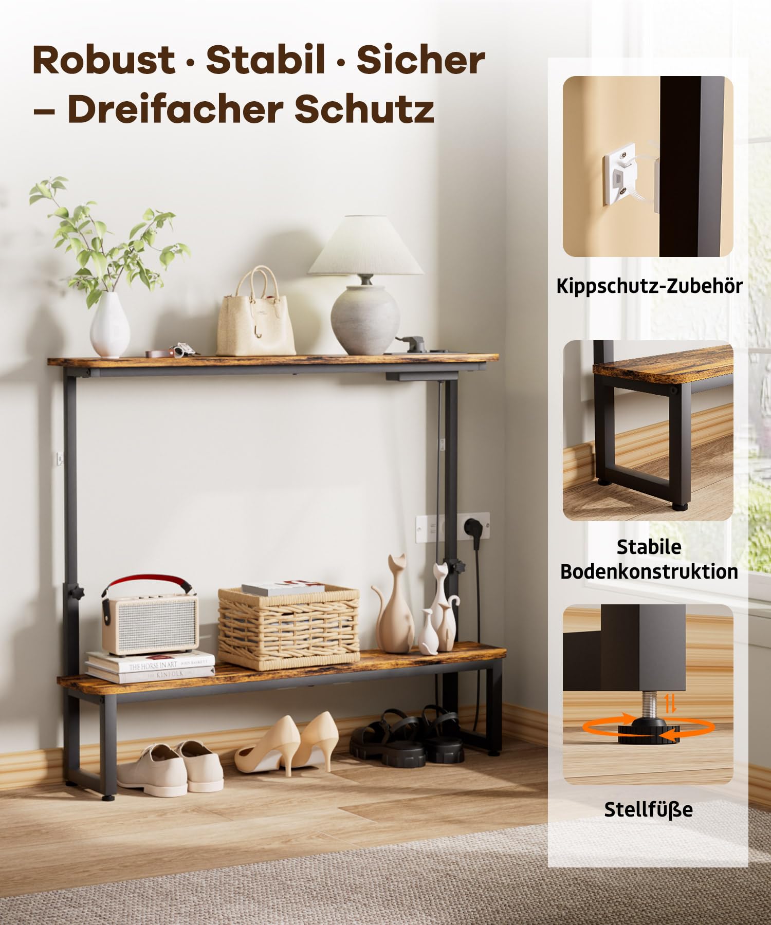 Yorbay Schmaler Konsolentisch mit 2 Ablagen: Retro Robust Beistelltisch