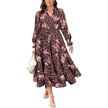RITERA Plus Size Dresses Women Casual Fall Maxi Boho A Line Long Sleeve Ruffle V Ruffle V Neck Dress with Pocket XL-5XL