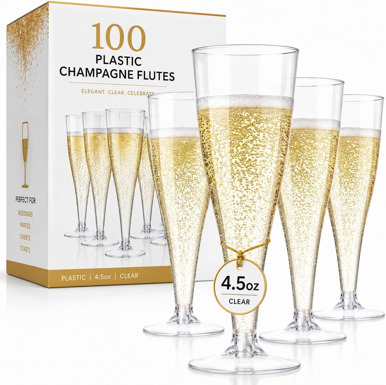 Prestee 100 Pack Clear Plastic Champagne Flutes - 4.5 oz Durable Disposable Champagne Glasses for Parties, Weddings, Toasting and Large Celebrations - Elegant Wine Glasses Stemware for Easy Cleanup
