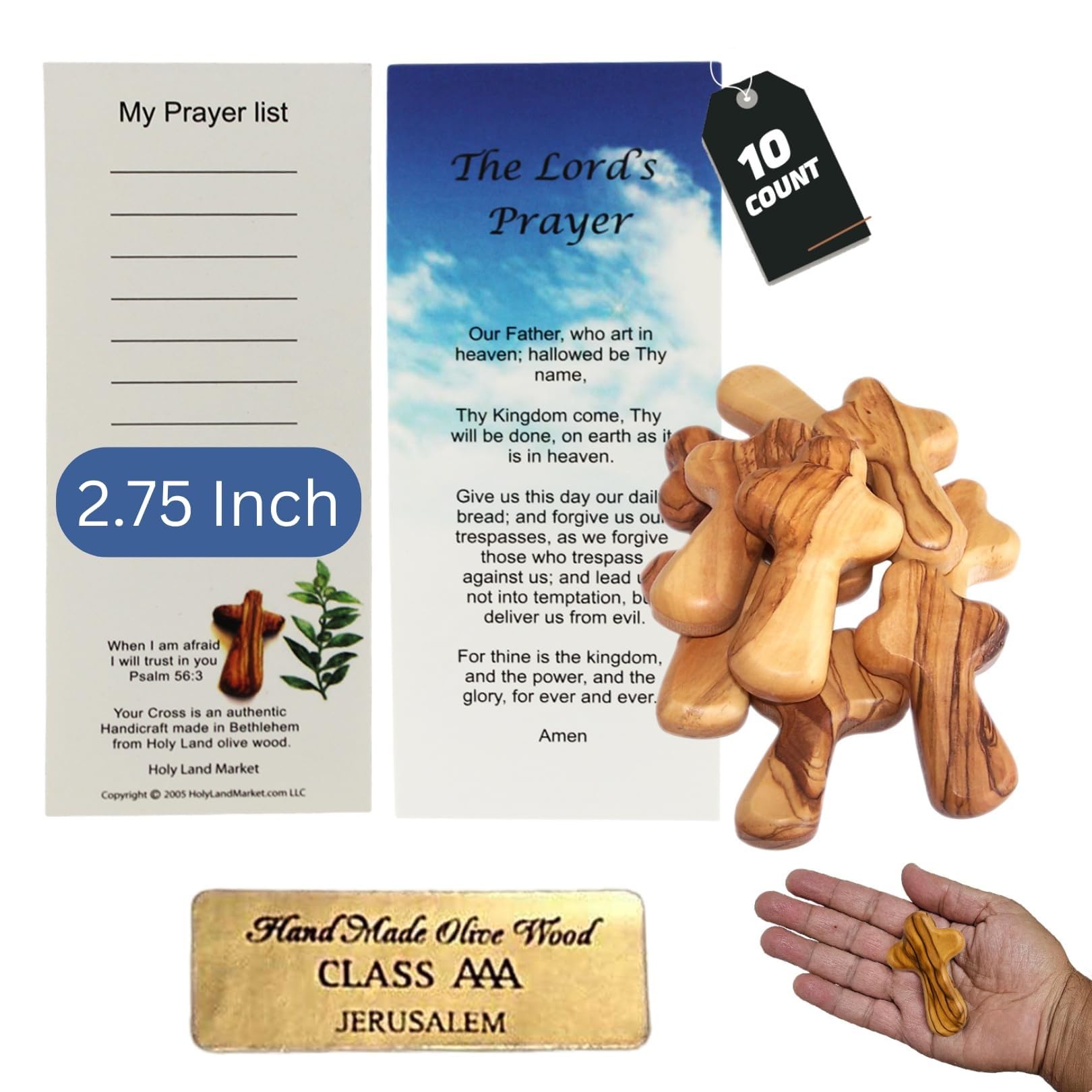 Holy Land Market Lot de 10 croix en bois d'olivier avec certificat de Bethléem