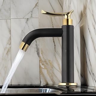 Grifo para lavabo de baño de acero inoxidable 304 para grifo de agua fría simple negro y dorado, diseño corto o alto