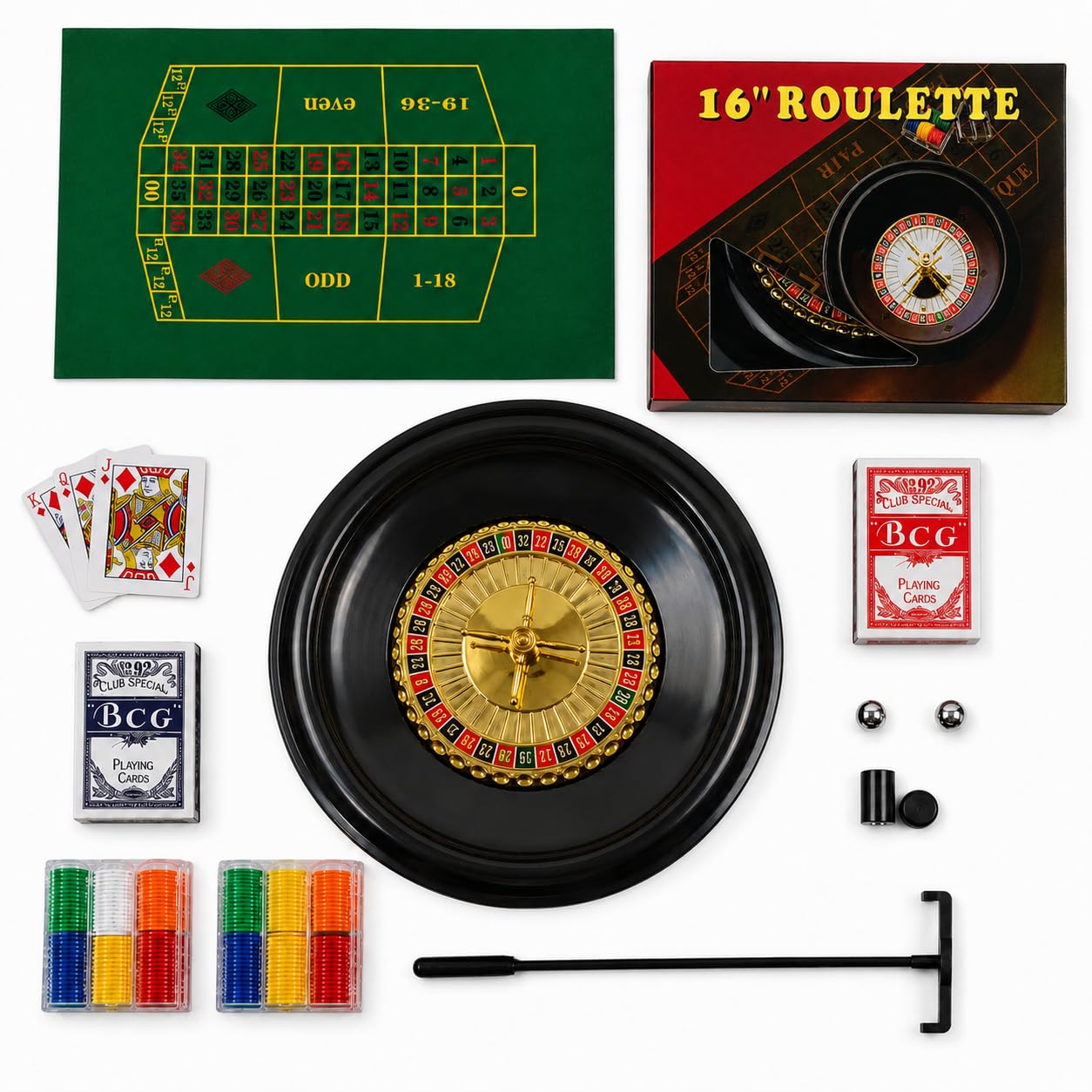 16 Inch Roulette Wheel Set for Adults, Complete Casino Game Set with 120 Casino Chips, Double-Sided Roulette & Blackjack Mat, 2 Playing Card Decks, 2 Steel Balls, Dealer Rake Included-image-12