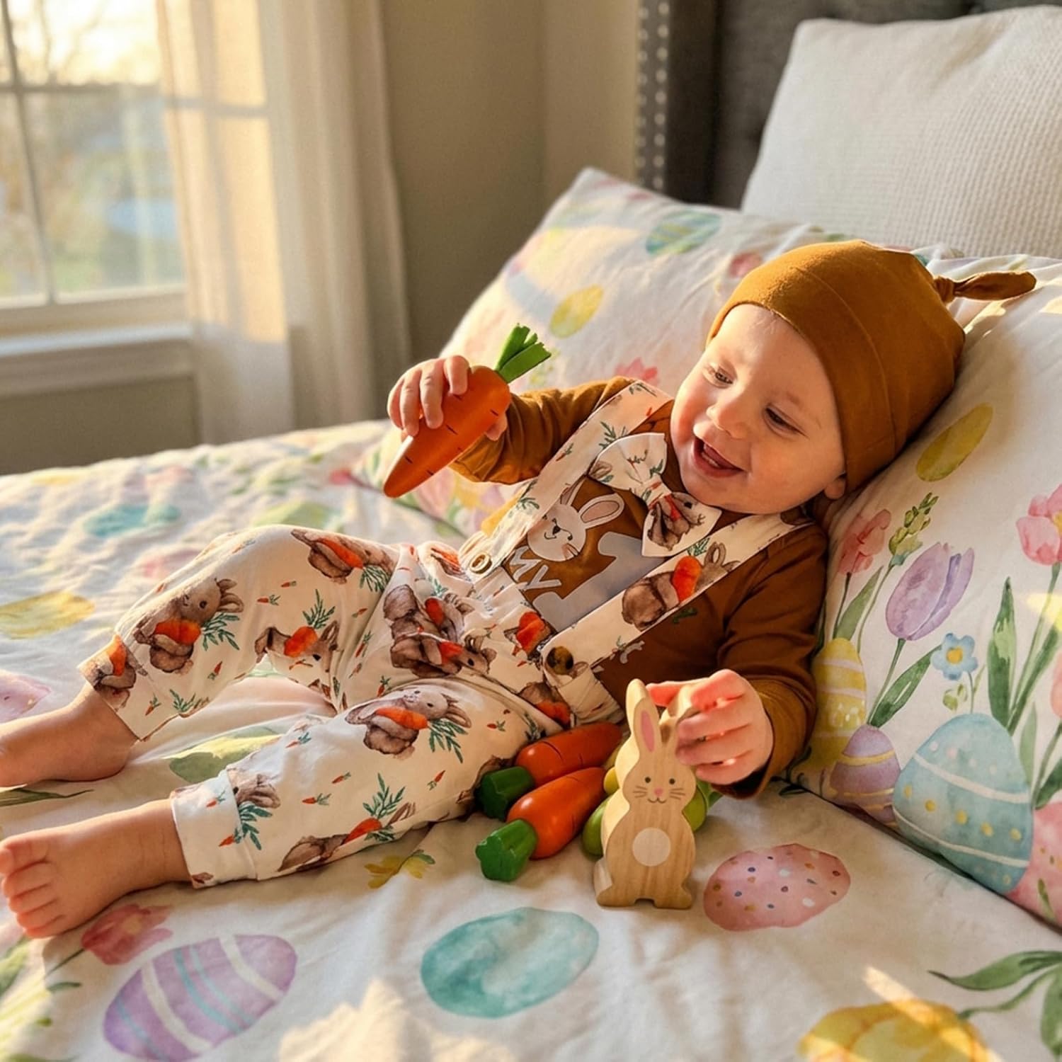 My First Easter Baby Boy Outfit Gentleman Rabbit Romper Shirt Tops Bunny Overalls Pants Newborn Hat 3pcs Set - Image 2