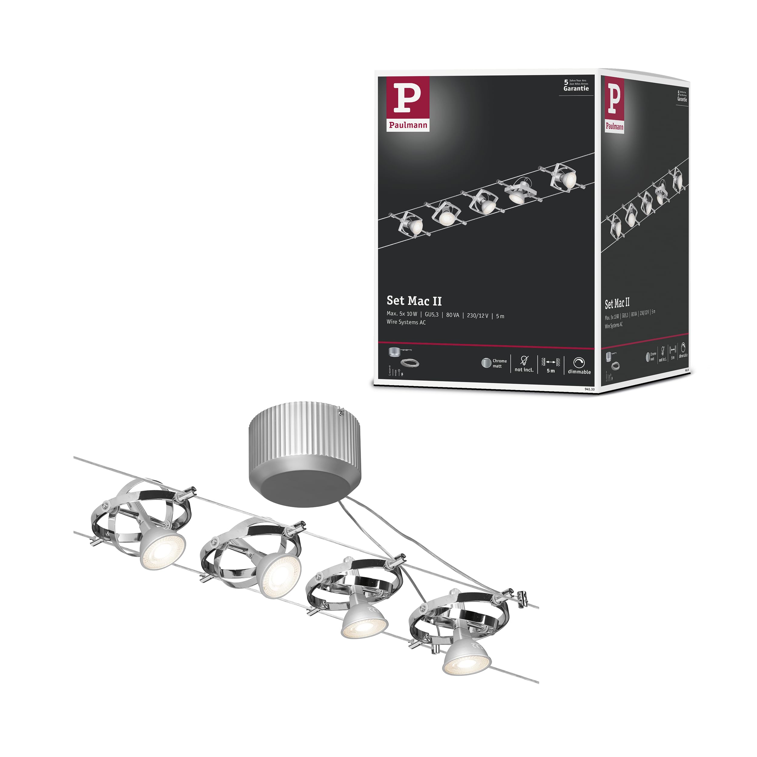Paulmann 94133 Système de Câbles Mac II Set Extensible 5x10W max, Chrome Mat Système sans Ampoules