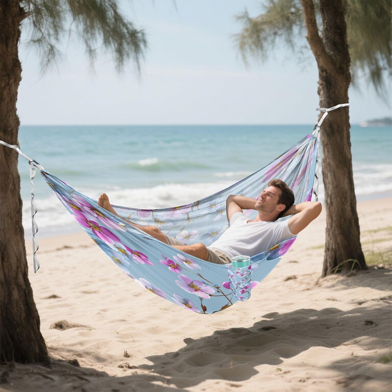 Blue Background Pink Flowers Camping Hammock Single Portable Hammocks 330 lbs Capacity with 2 Tree Straps and Attached Carry Bag,Perfect for Outdoor,Indoor,Beach,Camping,Travel