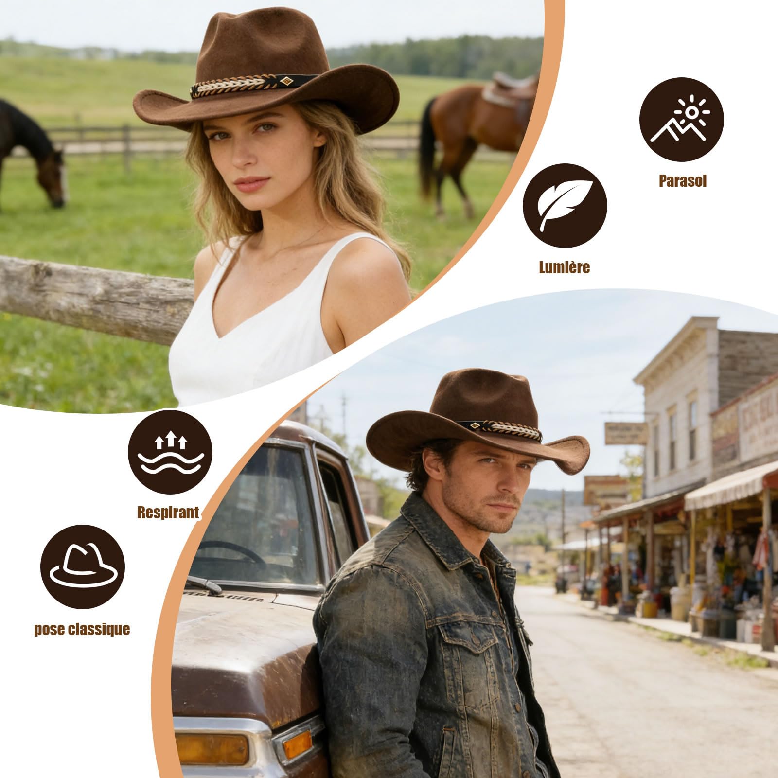 MYKAGS Chapeau de Cowboy Unisexe en Feutre à Large Bord et Taille Ajustable, adapté aux Tenues en Jean et aux activités de Plein air (Marron café)
