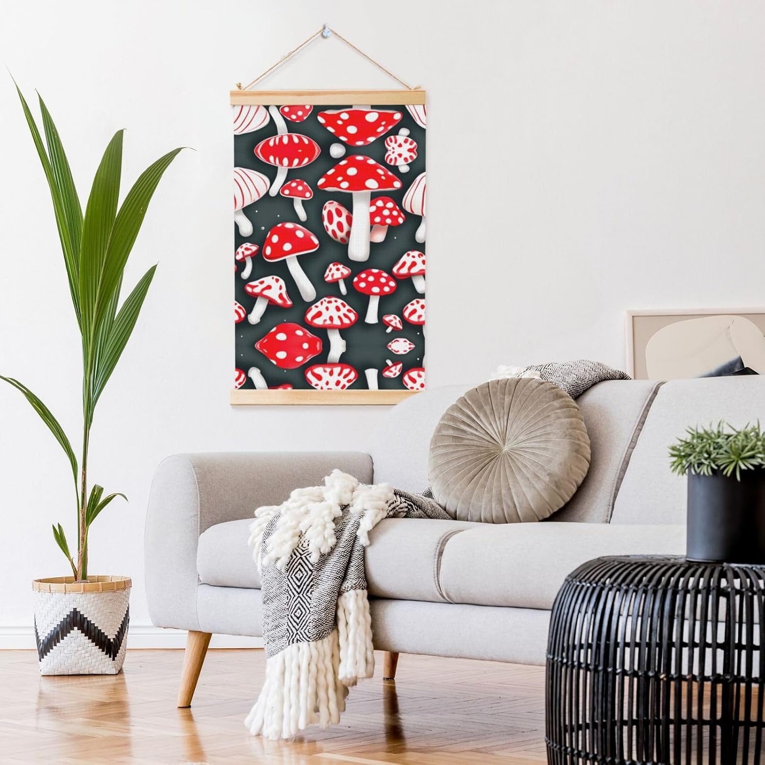 Red White Mushroom Print Poster Hanger,Hanging Poster, Poster Frame,Wood Poster Hanger, For Wall Hanging
